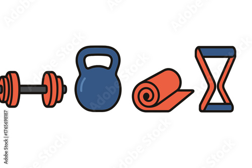 Dumbbell, kettlebell, yoga mat, and resistance band set of fitness accessories