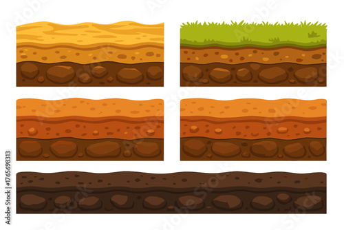 Seamless ground textures showing layered soil, sand, and grass cross sections for game environments