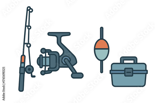 Essential equipment set for sport fishing including rod, reel, and tackle box