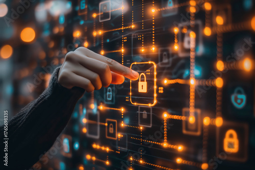 Hand Touching the Glowing Digital Padlock Icon on a Futuristic Orange and Blue Cybersecurity Network Screen