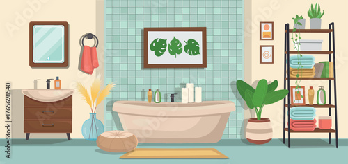 Bathroom with a window and a red curtain. Relaxation day. Take a bath and unwind. Vector illustration.
