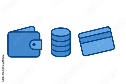 Essential financial icons showing wallet, stacked coins, and credit card symbols