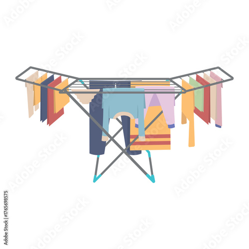 Drying rack with clothes. Clothes are drying on lines. Clean clothes.