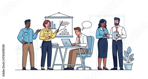 Illustration of a group of office workers from different ethnic backgrounds, white background
