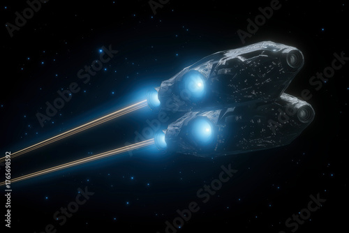 Twin-Hulled Dark Spaceship with Two Bright Blue Engines Firing Light-Speed Beams Through the Blackness of Space