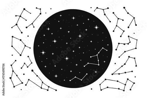 Astronomical star map with multiple constellation patterns surrounding a cosmic night sphere
