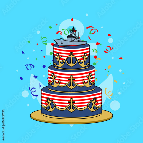 A birthday cake decorated with navy ships and anchors isolated on a sky blue background. Perfect for celebrating a Navy Birthday on October 13th.