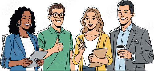 Illustration of a diverse group of office employees, isolated on white background