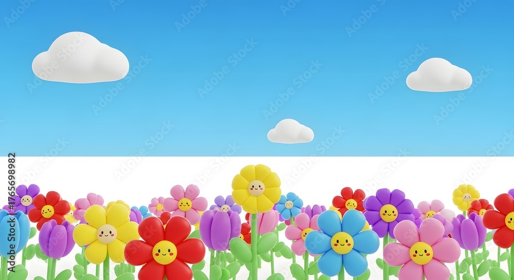 Fototapeta premium Whimsical 3D cartoon flowers with cheerful smiles and sad expressions blossom under a bright blue sky, creating a vibrant, emotionally rich springtime meadow scene