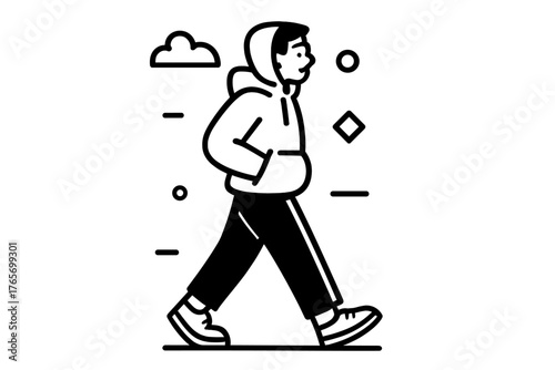 Monochrome young person walking outdoors wearing a hoodie with hands in the pocket