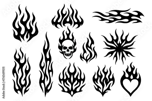 Stylized tribal flame graphics set featuring skull and heart shapes for decals and apparel design