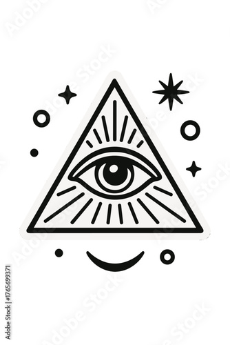 Mystical all-seeing eye symbol inside a geometric triangle surrounded by celestial stars