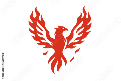 Stylized red phoenix bird rising with spread wings surrounded by fire and flames