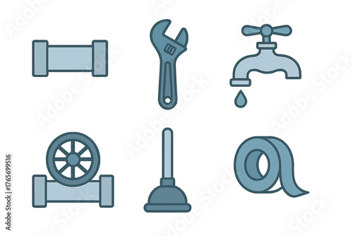 Set of essential plumbing repair tools and fixtures for home maintenance