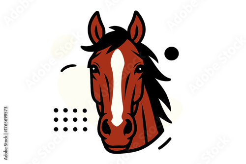 Striking brown horse head mascot with black mane and prominent white blaze