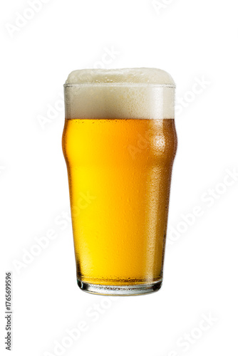 Cold lager beer with foam in a glass with condensation droplets