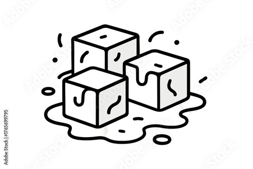 Three cold ice cubes melting into a puddle of water, isolated on a clean white background