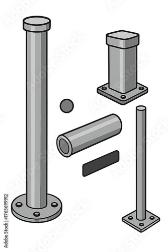 Isometric set of gray metal posts, pipes, and mounting flanges for industrial construction