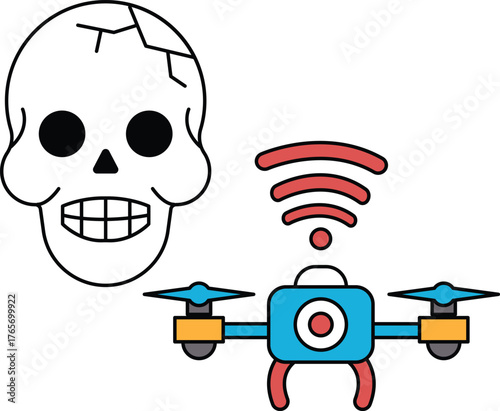 A skull is shown with a drone in the background