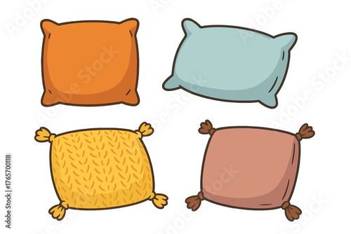 Collection of soft cushions in orange, blue, yellow, and brown colors for home bedding or decor