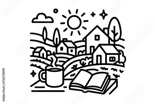 Steaming coffee mug and open book in front of a rural village landscape under bright sun
