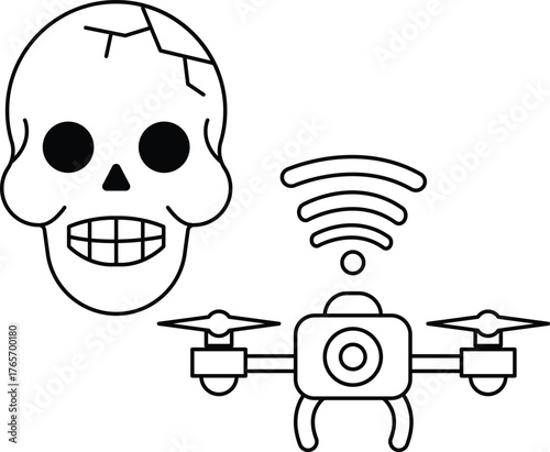 A skull is shown with a drone in the background