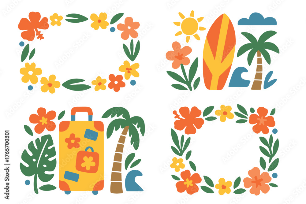 Fototapeta premium Tropical summer vacation set with floral frames surfboard palm tree and travel suitcase