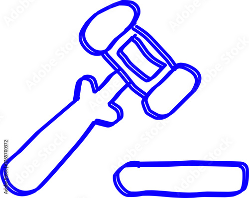 Blue line drawing of a judge’s gavel and block symbolizing law, justice, court decisions, authority, and legal judgment in a simple minimalistic style.
