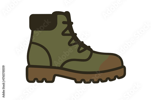 Single sturdy outdoor hiking boot featuring a thick durable sole and prominent laces