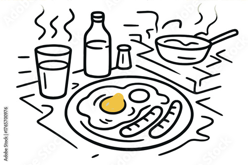 Hearty breakfast plate with fried eggs and sausages next to a glass of milk and a hot frying pan