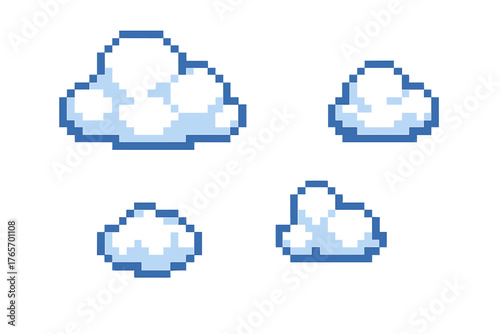 Four pixel art clouds with blue outlines and shading for retro video game design