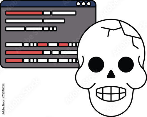 A skull is drawn next to a computer screen with a black and white background