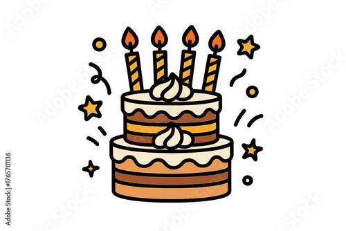 Two-tiered birthday cake with four lit candles and festive confetti decoration