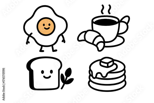 Adorable morning meal elements featuring a smiling egg, hot coffee, fresh bread, and sweet pancakes