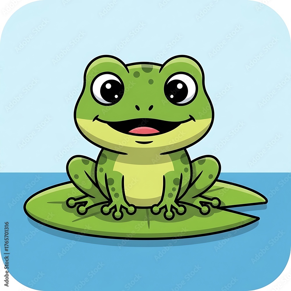 Fototapeta premium Cute cartoon frog sitting on a lily pad in water