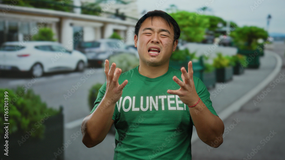 Naklejka premium Young man wearing green volunteer t-shirt gesturing emotionally on a busy city street with cars and greenery in an urban setting.