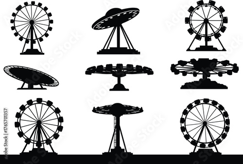 Amusement park ride silhouettes, Ferris wheel, spinning UFO attraction, carnival funfair icons, black vector set, entertainment theme, isolated white background, front side views