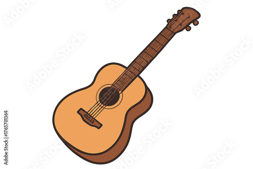 Classic wooden acoustic guitar with strings and tuning pegs isolated on white