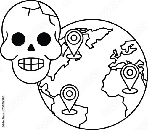 A skull is on a globe with four dots on it