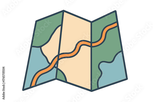 Stylized folded paper map showing a winding route and abstract geographical features