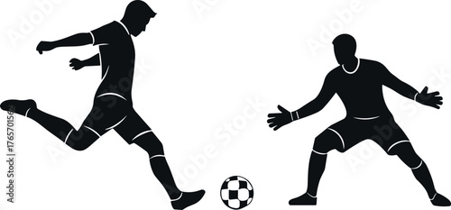 Soccer players in action, striker and goalkeeper silhouettes