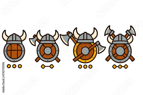 Cartoon Viking warrior equipment set including helmet shield and crossed battle axes
