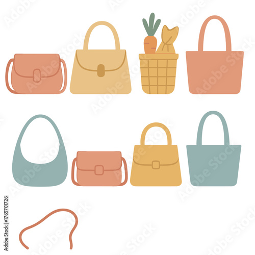 Stylish women's handbags purses and shopping basket set in soft pastel colors