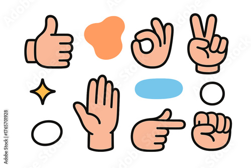 Set of human hand gestures showing approval, peace, stopping, and direction signs