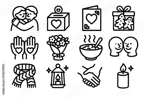 Christmas Kindness Icons. Christmas Love Kindness — Gentle Outline Style silhouette set: giving hug, charity box, handwritten card, baked goods gift, volunteer hands, flower