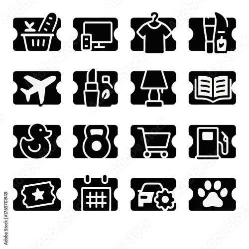 Coupon Icon Collection. Coupon uses and categories icons in silhouette. Grocery discount, electronics deal, clothing sale, restaurant coupon, travel