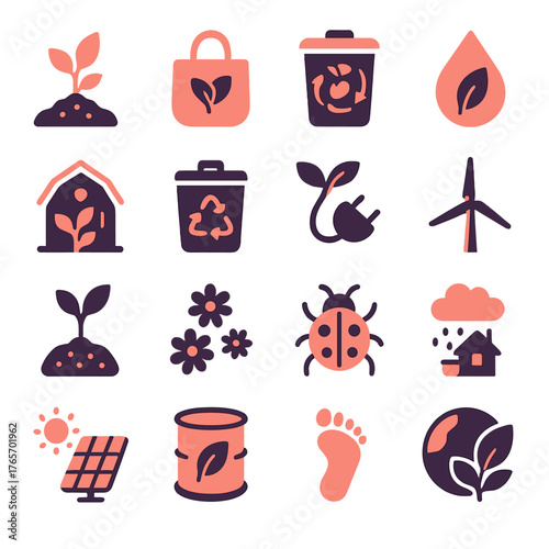 Eco-Friendly Icons. Watermelon environmental and sustainability icons in silhouette. Organic farming, eco-friendly, compost bin, water conservation