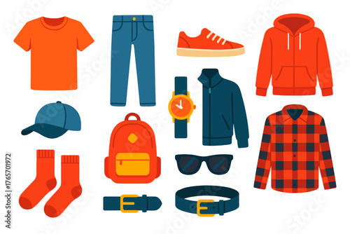 Minimalist Fashion Icons. Casual Outfit flat icons: t-shirt, jeans, sneakers, hoodie, cap, backpack, watch, jacket, socks, belt, sunglasses, flannel shirt.,