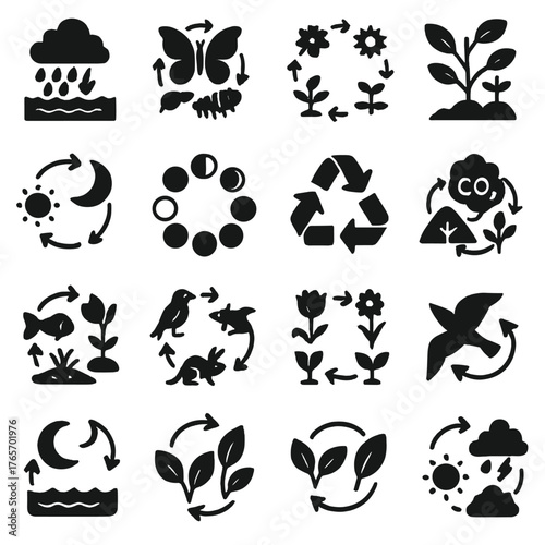 Nature Cycle Icons. Nature and Life Cycles icons in silhouette. Water cycle, life cycle diagram, seasons loop, butterfly metamorphosis, plant growth