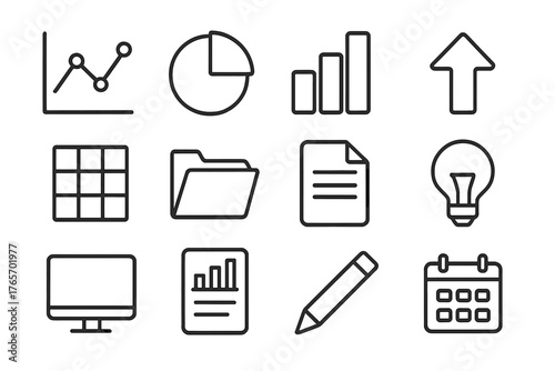 Flat Design Icons. Flat Design Charts outline set: line graph, pie slice, bar chart, arrow icon, clean grid, folder, document, light bulb, monitor, report page, pencil, calendar.